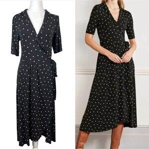 Boden Lavinia Jersey Wrap Dress Black Pink Polka Dot Midi Retro 6P